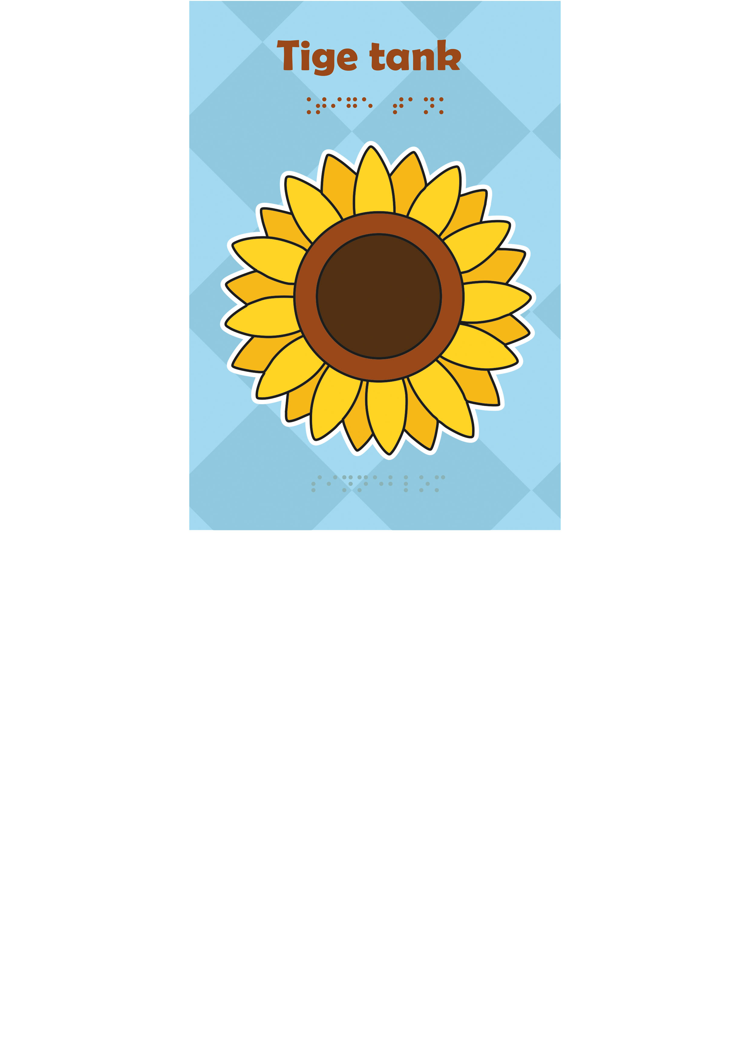 Voelbare kaart met een reliëfafbeelding van een zonnebloem. De Friese tekst 'Tige tank' staat in zwartdruk en in braille op de kaart.