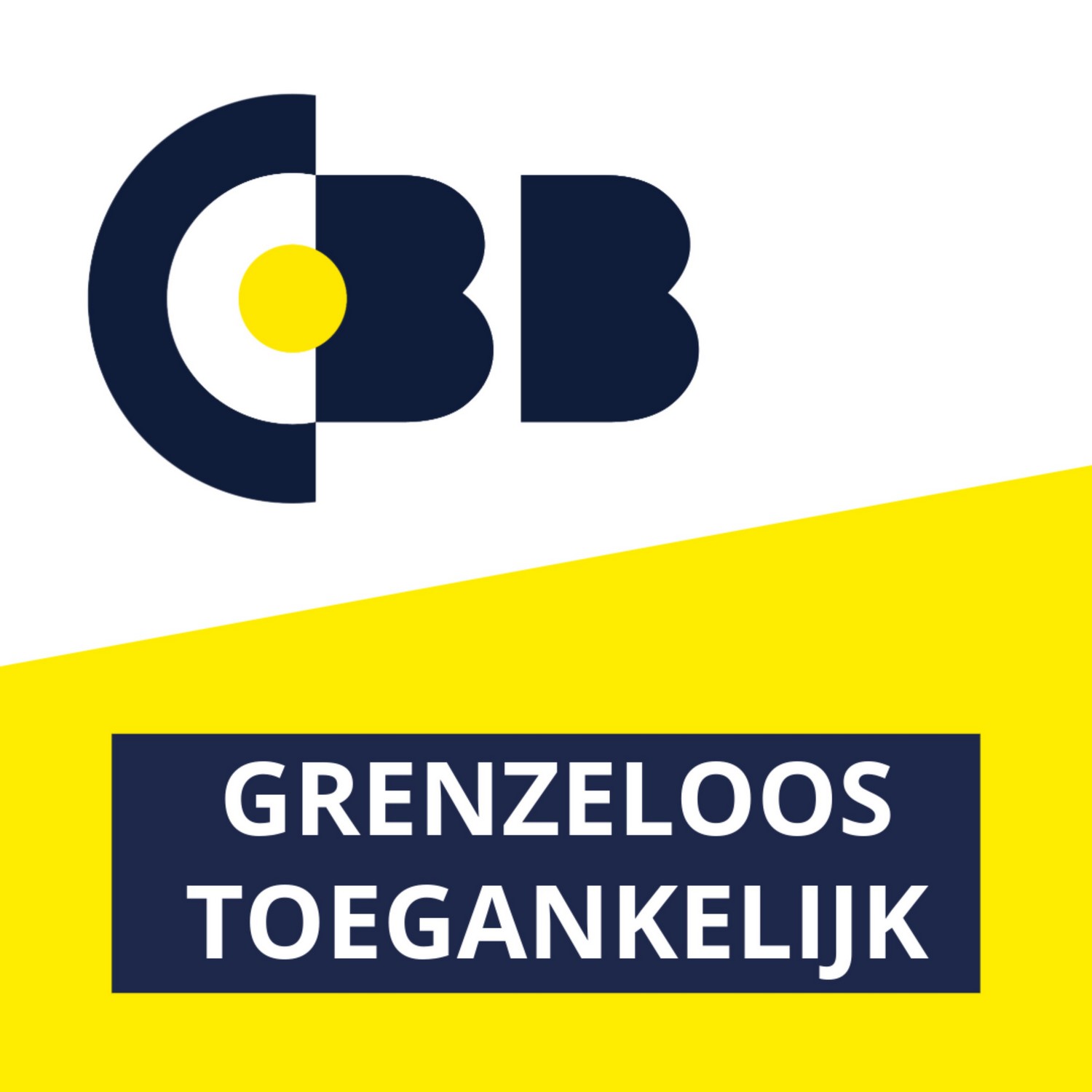 Logo van de podcast Grenzeloos Toegankelijk. Bovenaan staat het CBB-logo op een wit vlak. Daaronder is een geel vlak met een schuine bovenkant. Op het gele vlak staat een blauw kader, met daarin de tekst GRENZELOOS TOEGANKELIJK.