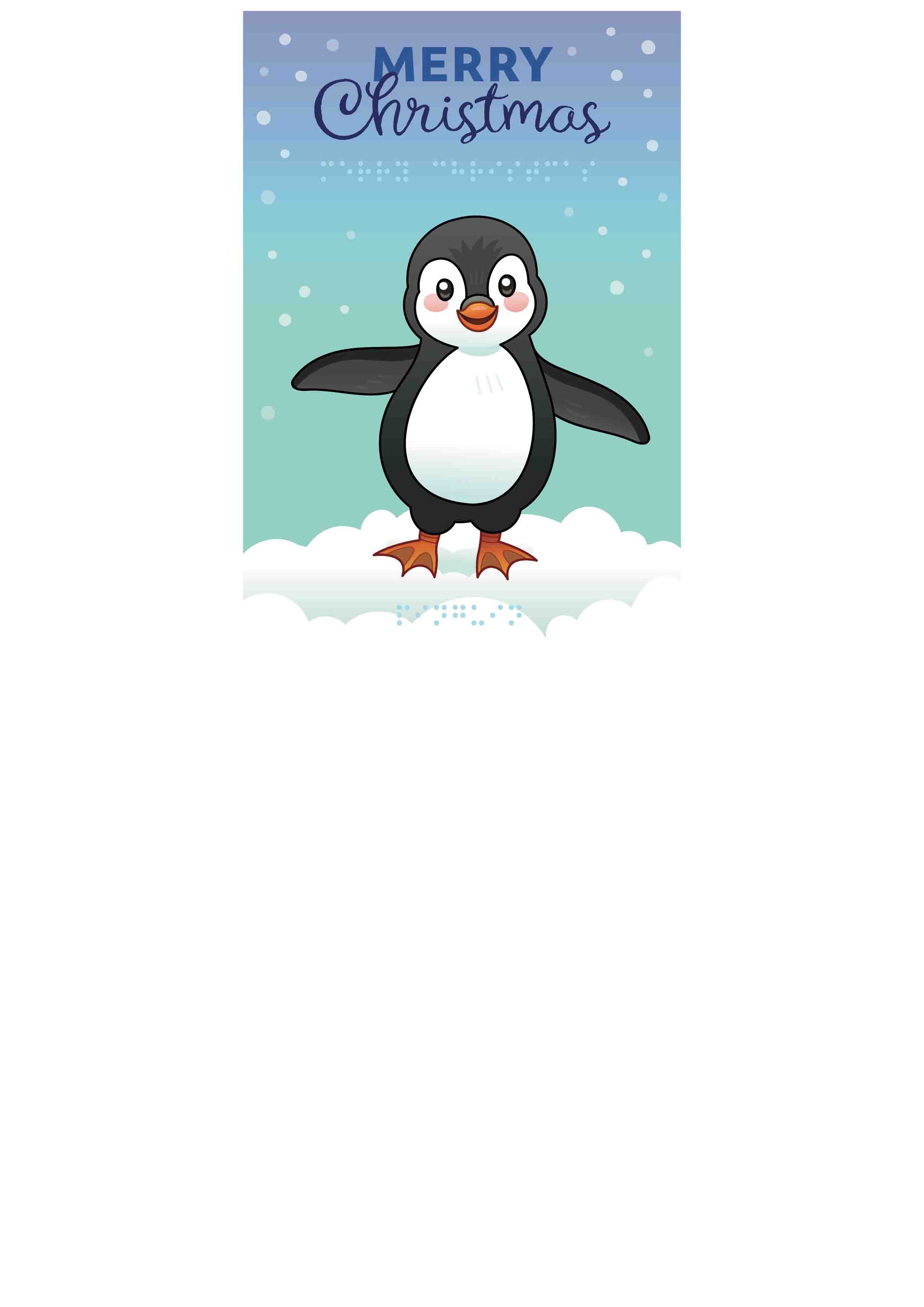 Voelbare kaart met een reliëfafbeelding van een pinguin met op de achtergrond de sneeuwvlokken. De tekst 'merry christmas' staat in zwartdruk en braille op de kaart.