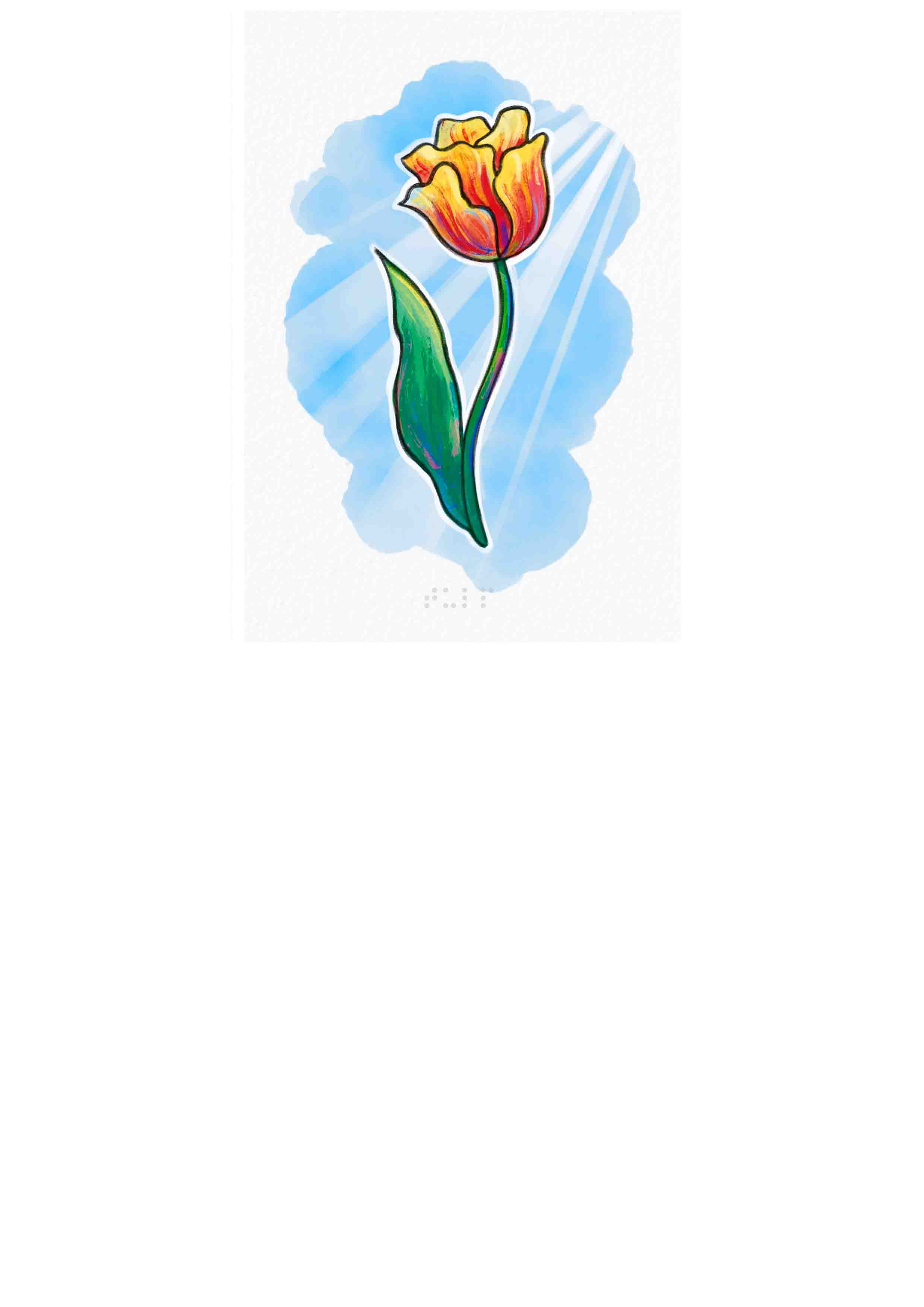 Voelbare wenskaart met daarop een tulp in reliëf. Op de blauwe achtergrond zie je een mooie lucht met zonnestralen.