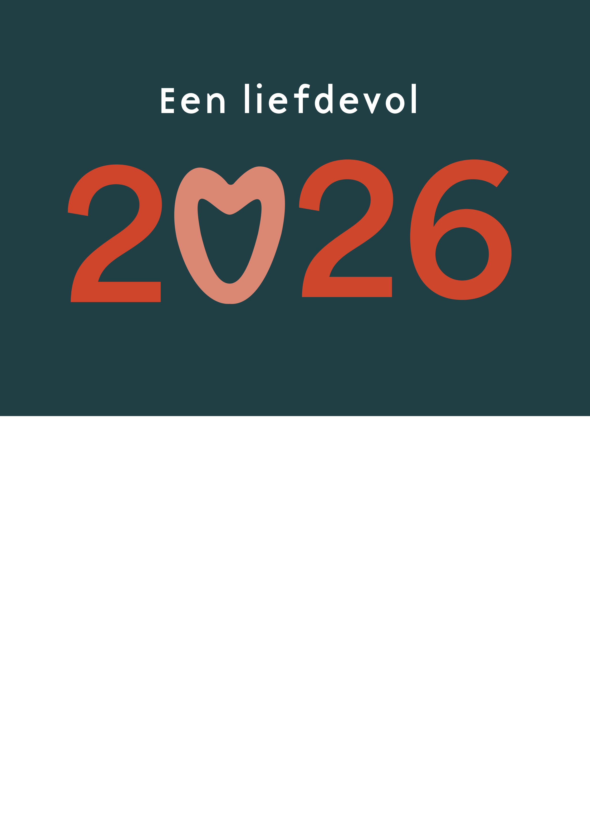 Voelbare nieuwjaarskaart met in braille en gedrukte tekst 'Een liefdevol 2026'. De letters zijn ook voelbaar in reliëf. De nul van 2026 is in de vorm van een hart met een voelbare structuur.