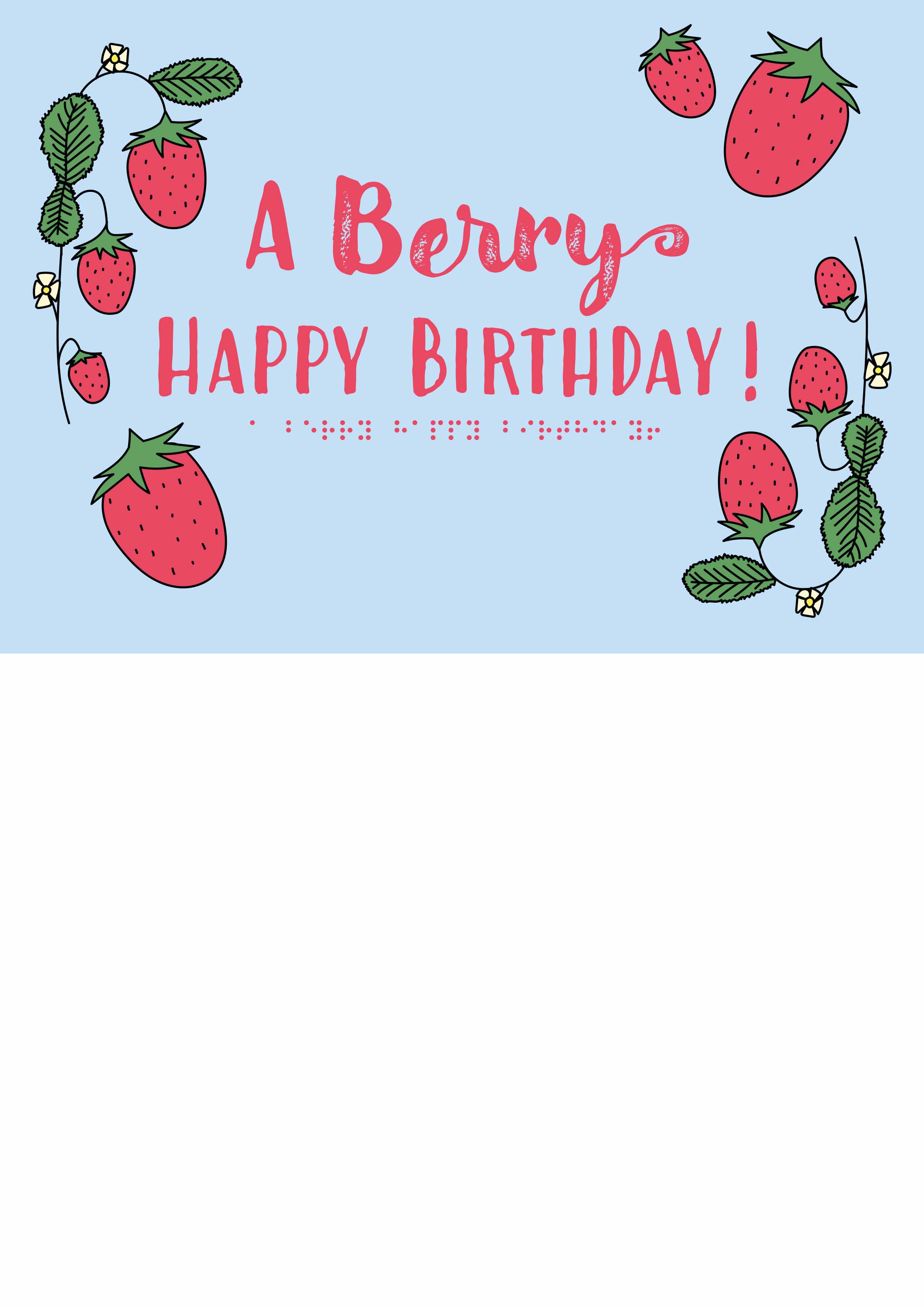 Voelbare blauwe kaart met rondom aardbeien in reliëf. De tekst 'A Berry Happy Birthday!' staat zowel in zwartdruk als in braille op de kaart.