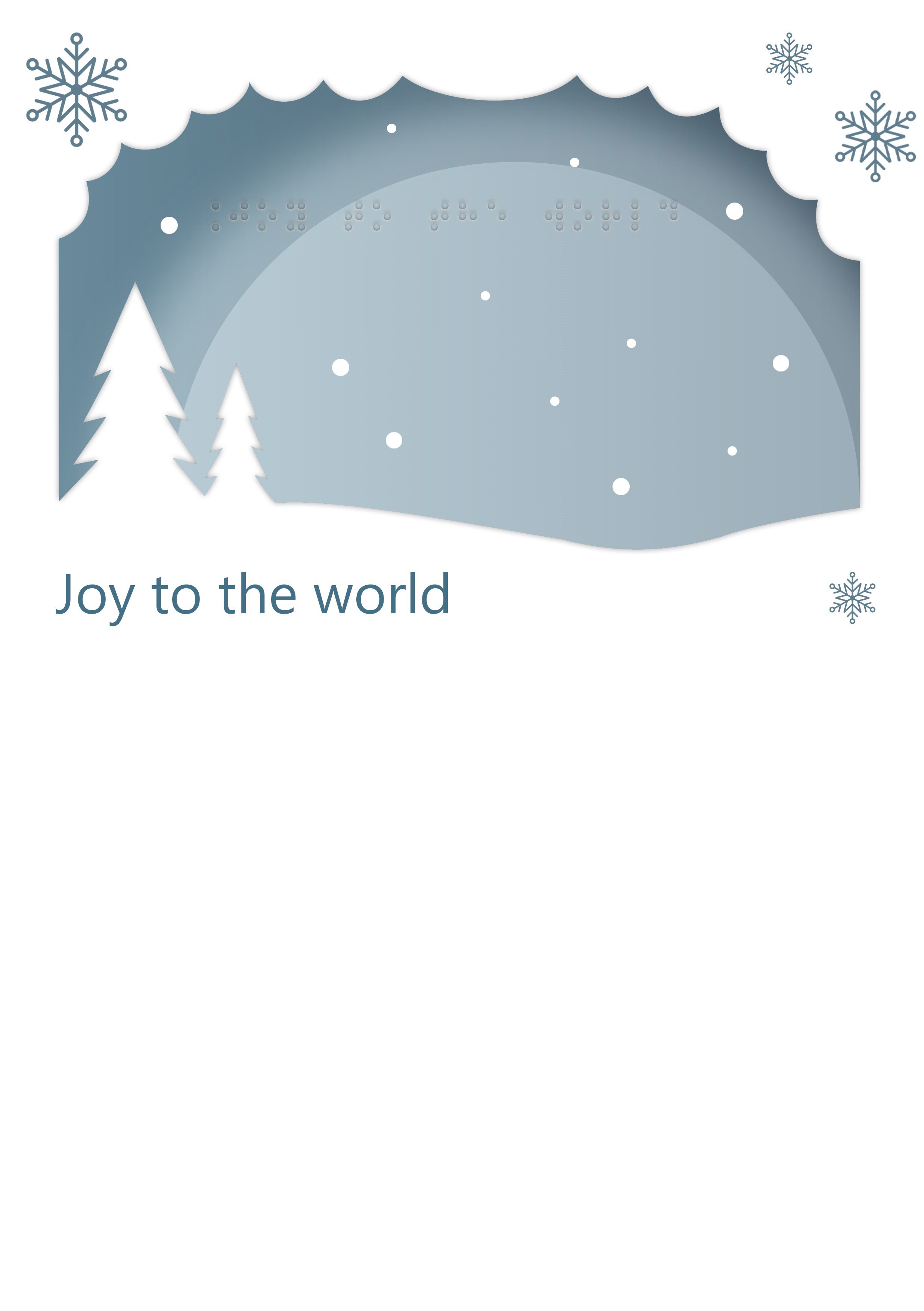 Voelbare wenskaart met braille en reliëf. In braille de tekst: Immanuël, God met ons. Met een voelbare afbeelding van een kerstboom gemaakt van sterren.
