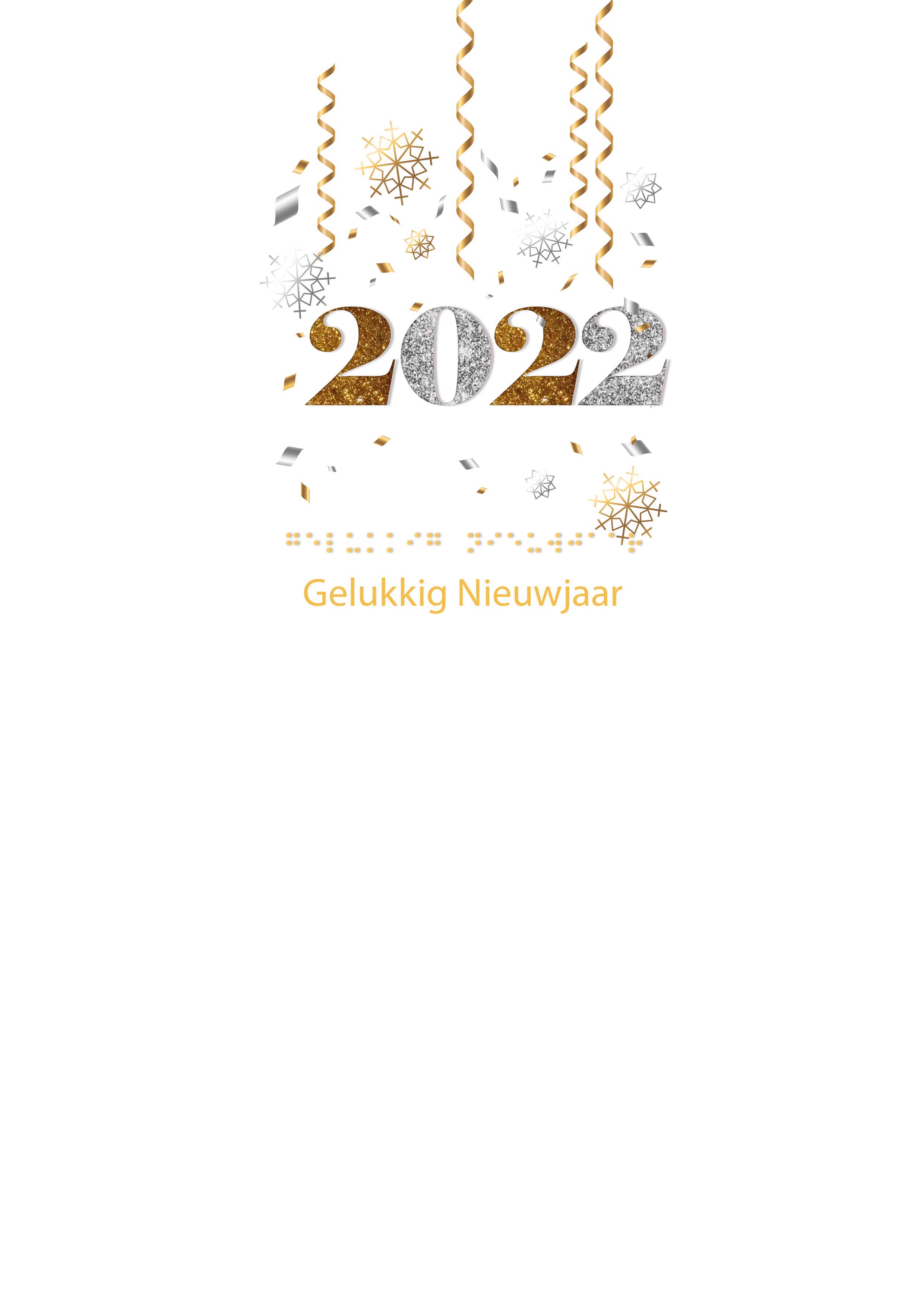 Voelbare kerstkaart met in braille de tekst Gelukkig Nieuwjaar en de cijfers 2022 in reliëf tegen een witte achtergrond.