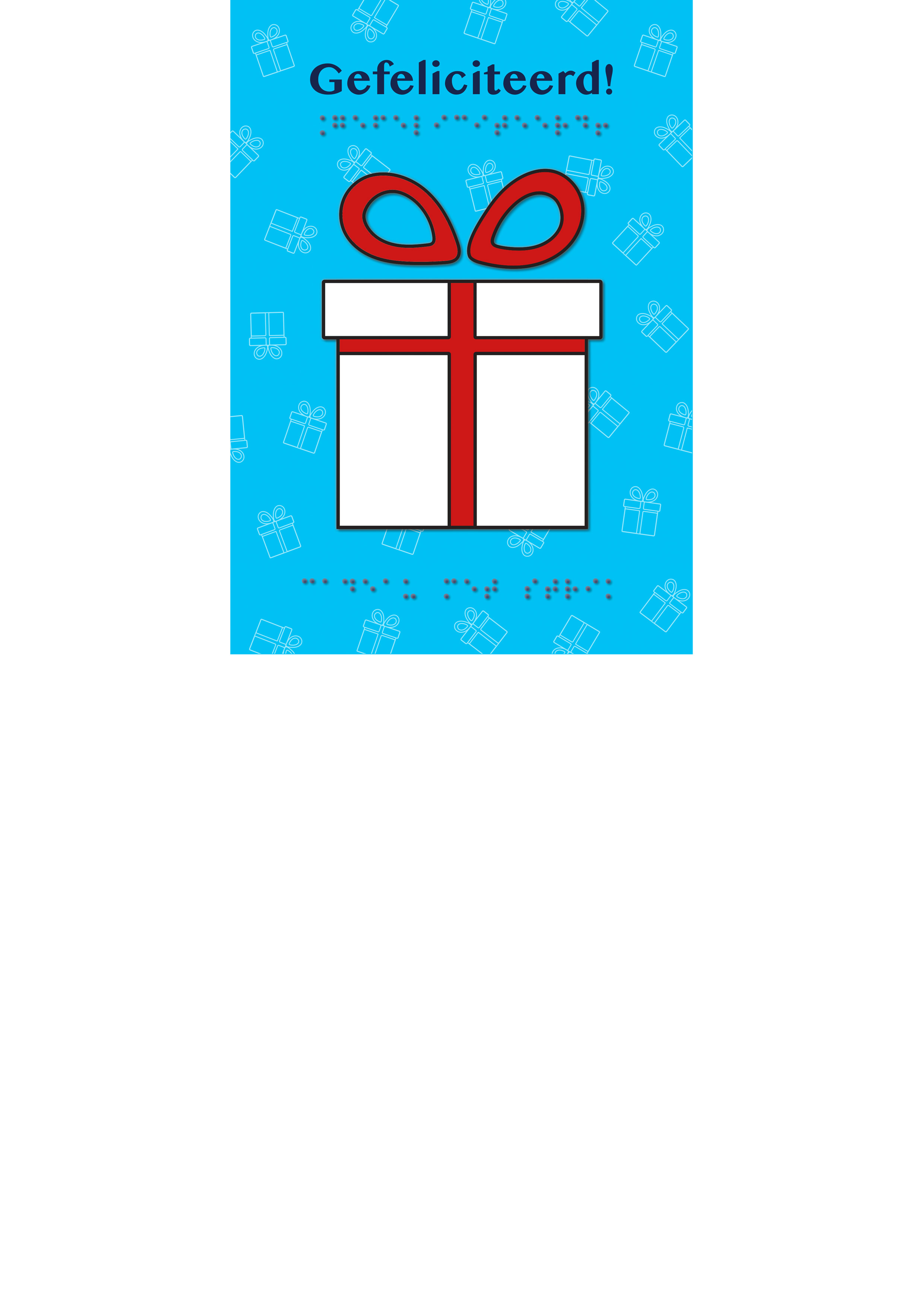 Voelbare kaart met een reliëfafbeelding van een vierkant wit cadeau met een grote rode strik op een blauwe achtergrond. De tekst 'Gefeliciteerd' staat zowel in zwartdruk als in braille op de kaart.