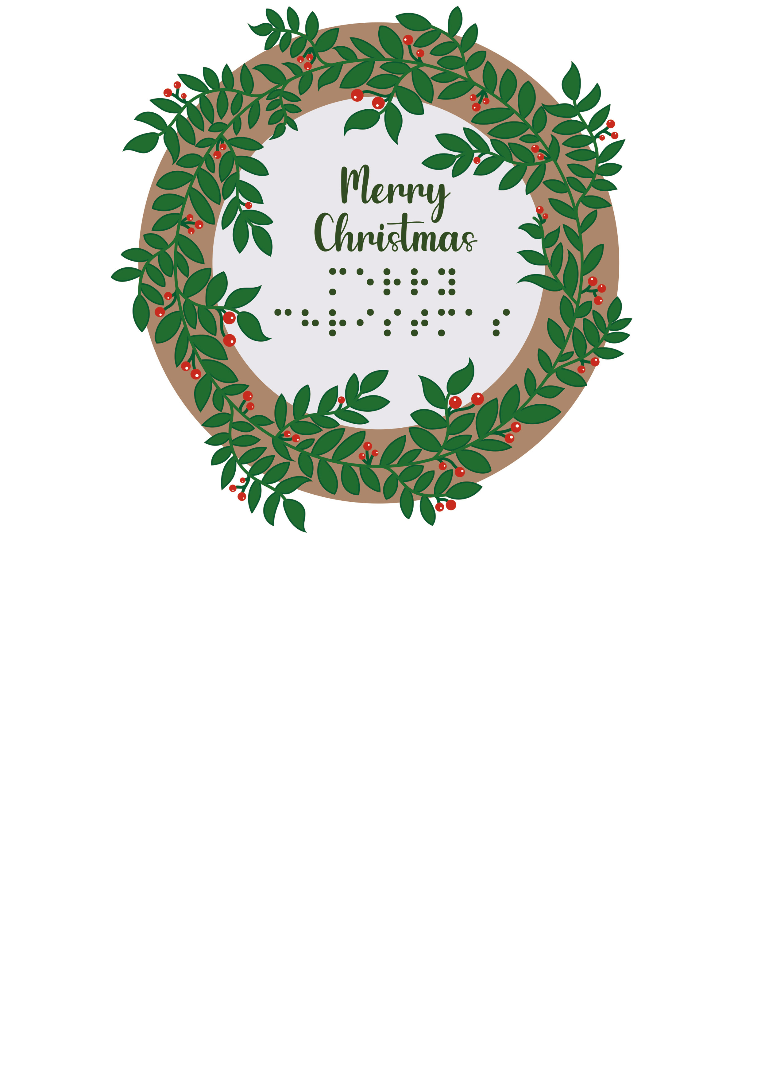 Voelbare kaart in de vorm van een krans met kerstgroen met braille en reliëf.
Met de tekst: Merry Christmas.