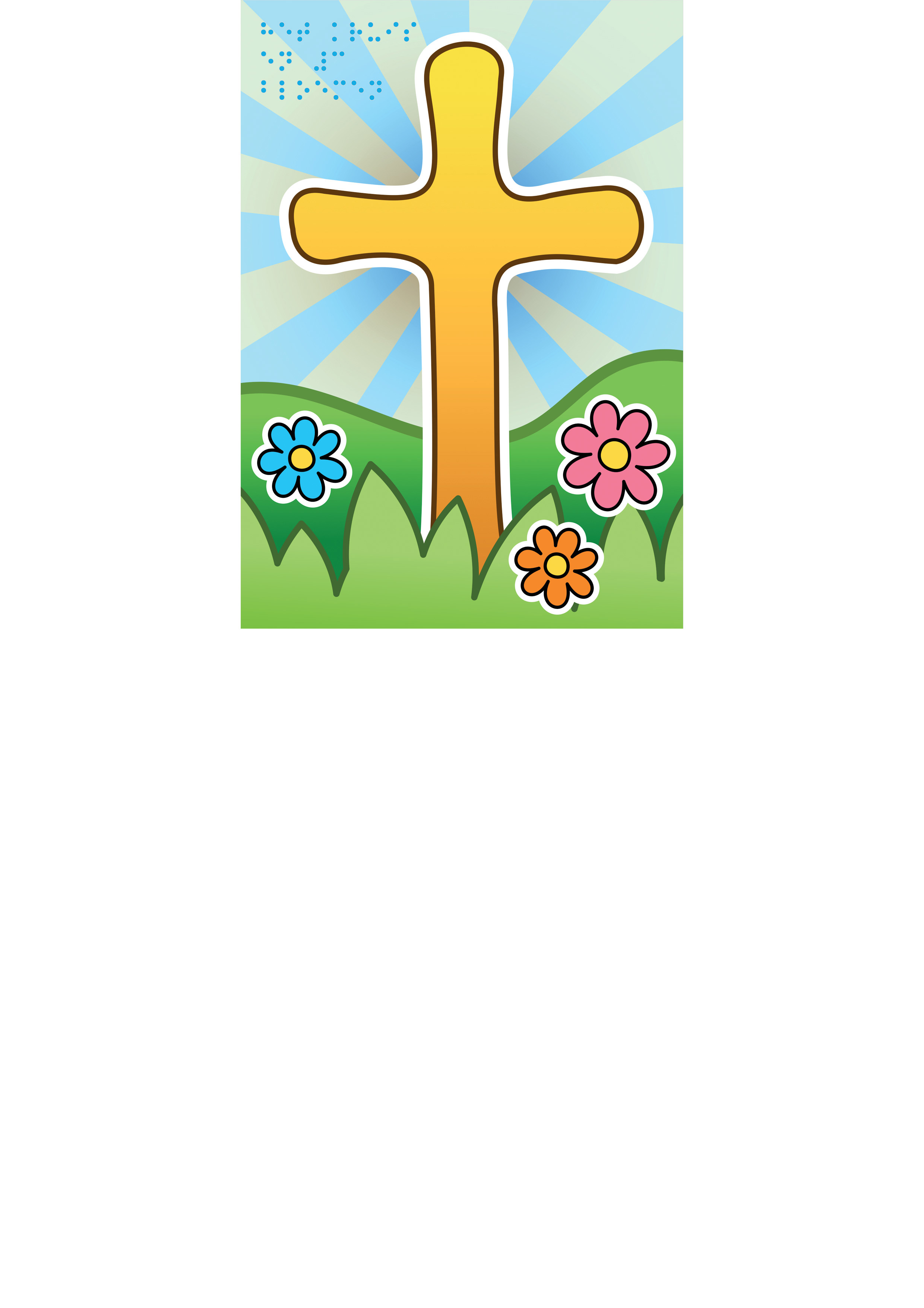 Voelbare wenskaart met braille en reliëf. Met full color voelbare afbeelding van een kruis en drie bloemen.